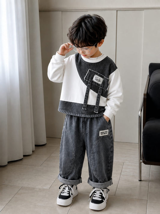 Boys Premium Grey Denim Co-Ord Set | Designer Sweatshirt & Denim Jogger | Size 18–26