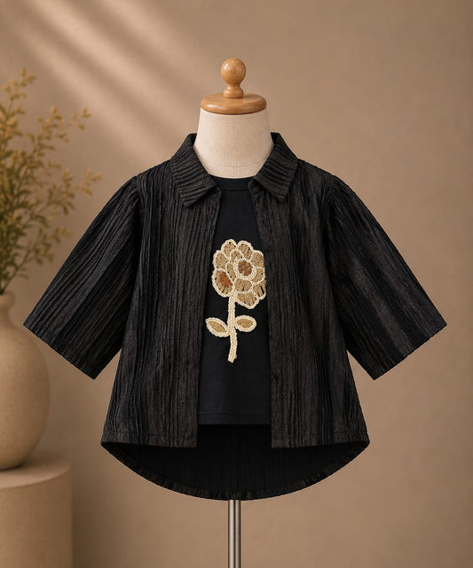 Kids Pleated Shirt with Floral Embroidery Inner T-Shirt Set | Premium 2-Piece Outfit | Size 18–26