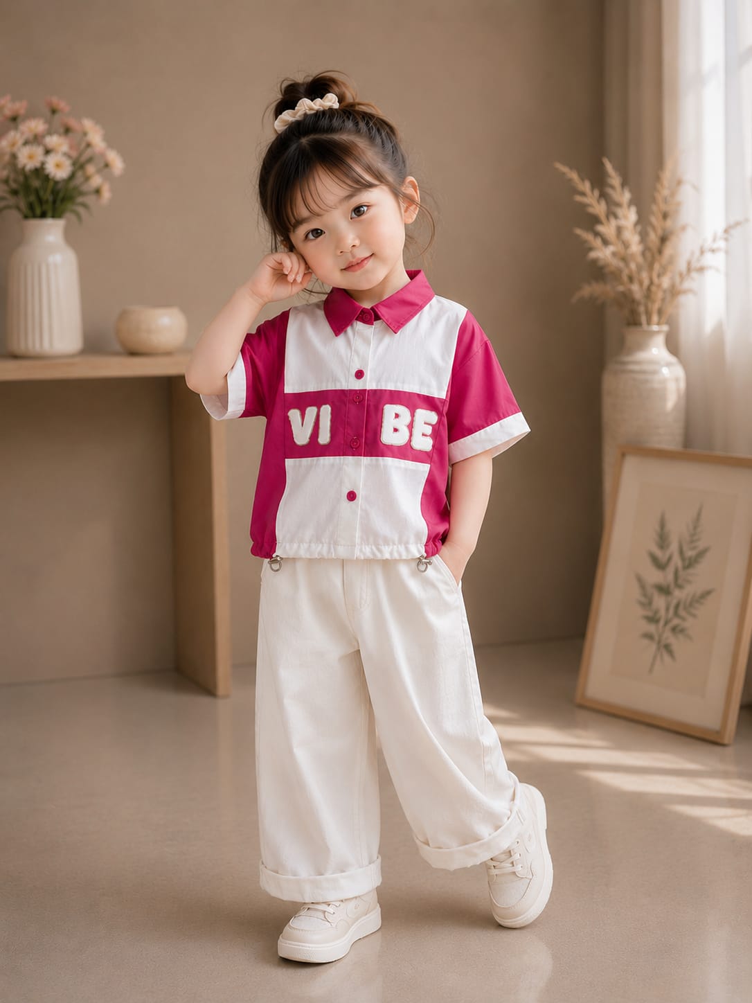 Girls Premium Pink & White Color Block Shirt | Casual Designer Cotton Top | Size 24–32