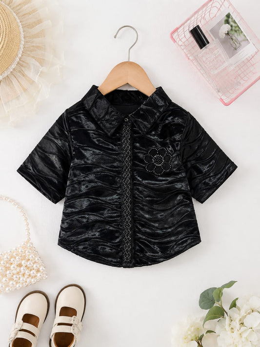 Girls Premium Black Textured Party Shirt | Designer Floral Embellished Top | Size 18–26