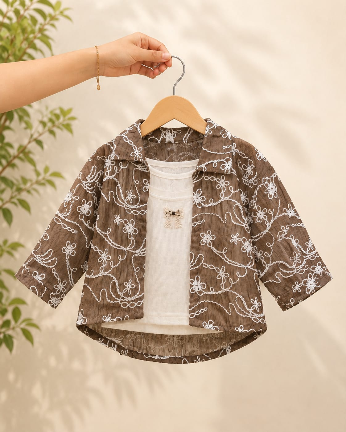 Girls Premium Floral Embroidered Overshirt with Inner T-Shirt | Designer Layered Top Set | Size 18–26