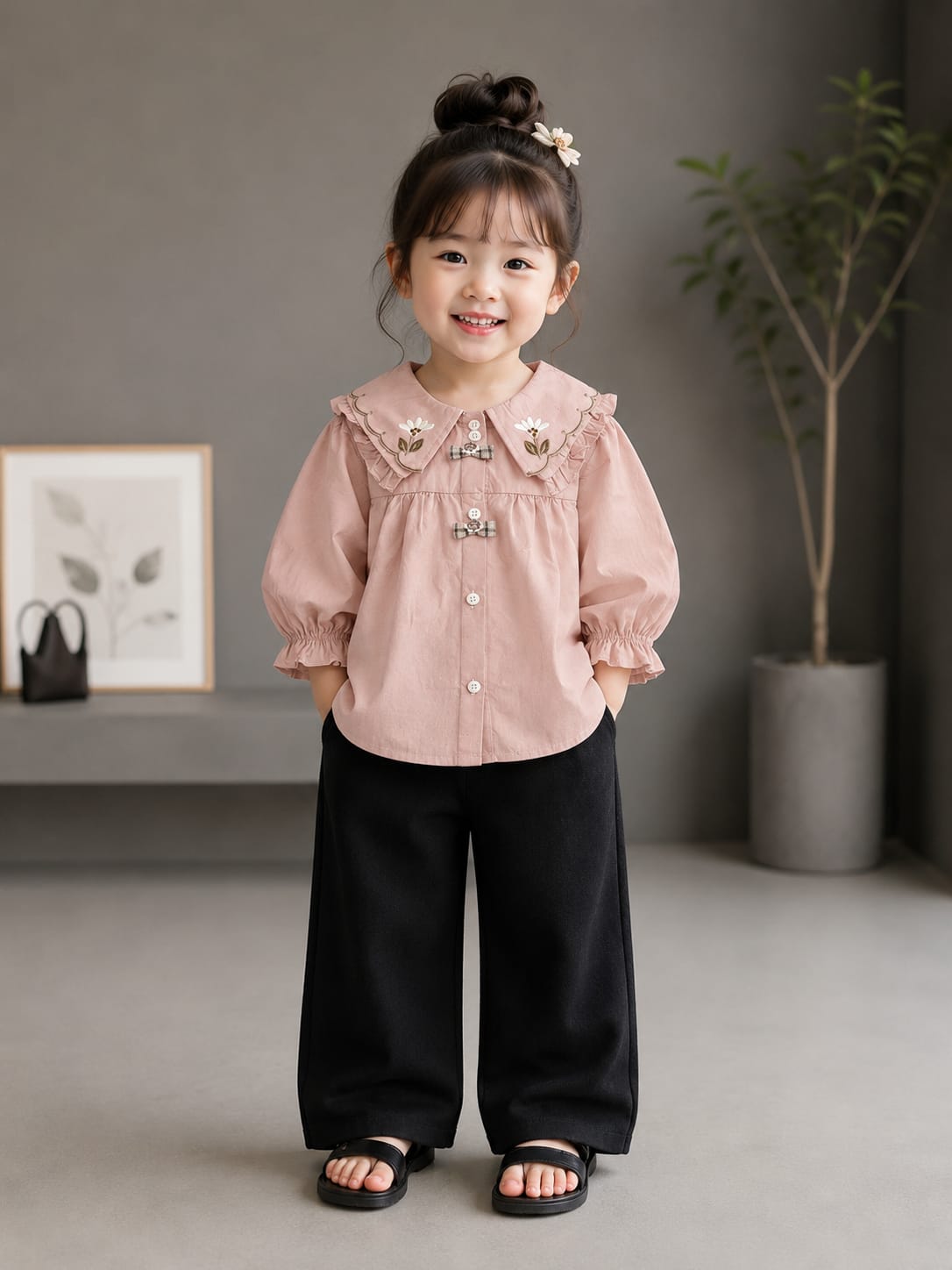 Girls Premium Pink Embroidered Peter Pan Collar Top | Designer Balloon Sleeve Shirt | Size 18–26