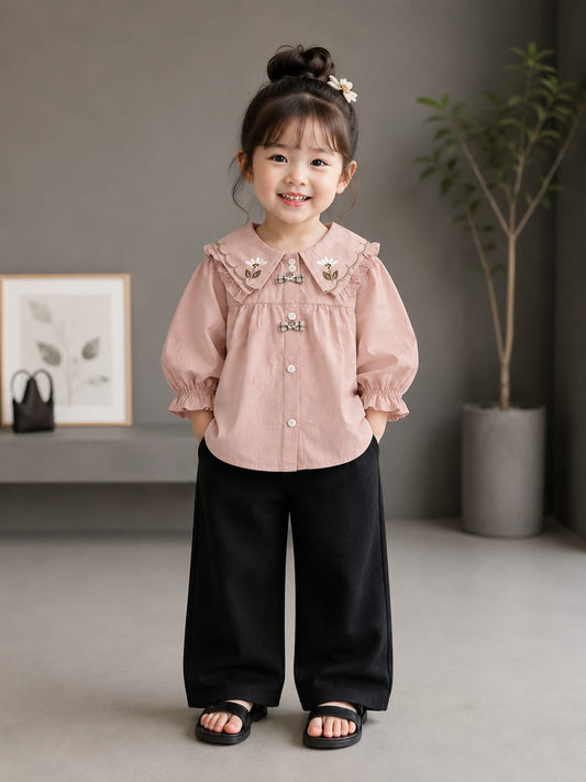 Girls Premium Pink Embroidered Peter Pan Collar Top | Designer Balloon Sleeve Shirt | Size 18–26