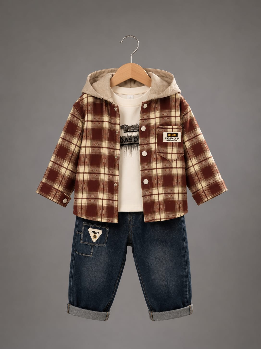 Boys 3-Piece Checked Hooded Shirt Set with Printed T-Shirt & Denim Jeans | 1-5 Years