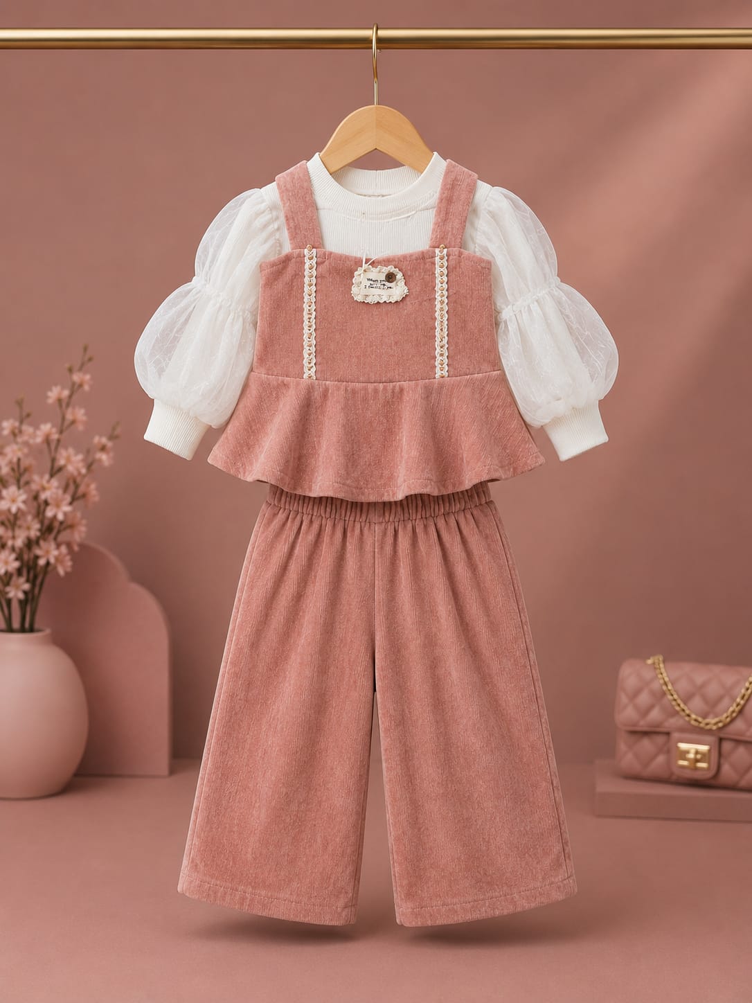 Girls 3-Piece Pink Co-Ord Set with Puff Sleeve Top & Wide Leg Pants | Party Wear | Size 18–26