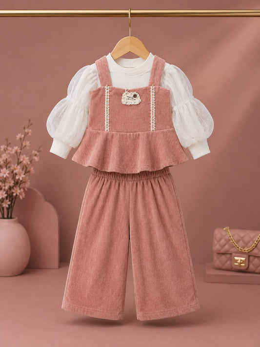 Girls 3-Piece Pink Co-Ord Set with Puff Sleeve Top & Wide Leg Pants | Party Wear | Size 18–26