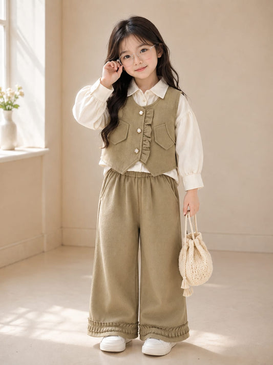 Girls Premium 3-Piece Waistcoat Co-Ord Set | Shirt, Waistcoat & Wide Leg Pant | Casual & Party Wear | Size 16–26