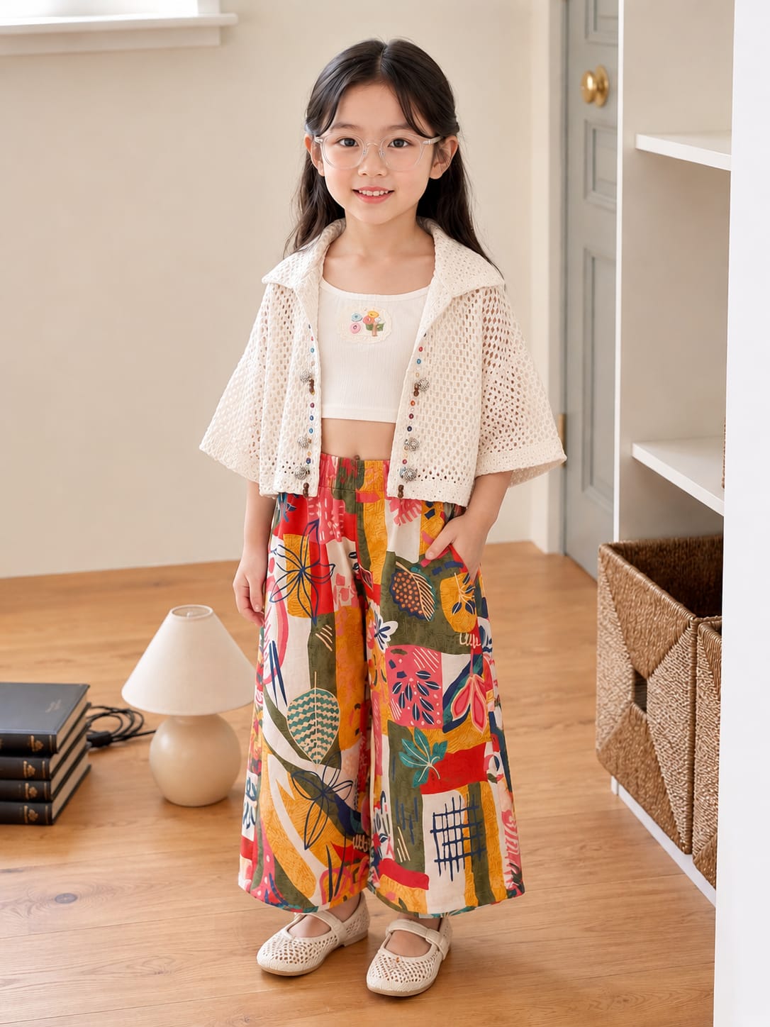 Girls Premium 3-Piece Printed Co-Ord Set | Crochet Shrug, Inner Top & Wide Leg Palazzo | Size 18–26