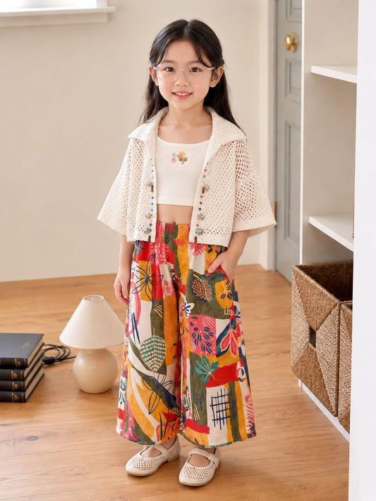 Girls Premium 3-Piece Printed Co-Ord Set | Crochet Shrug, Inner Top & Wide Leg Palazzo | Size 18–26