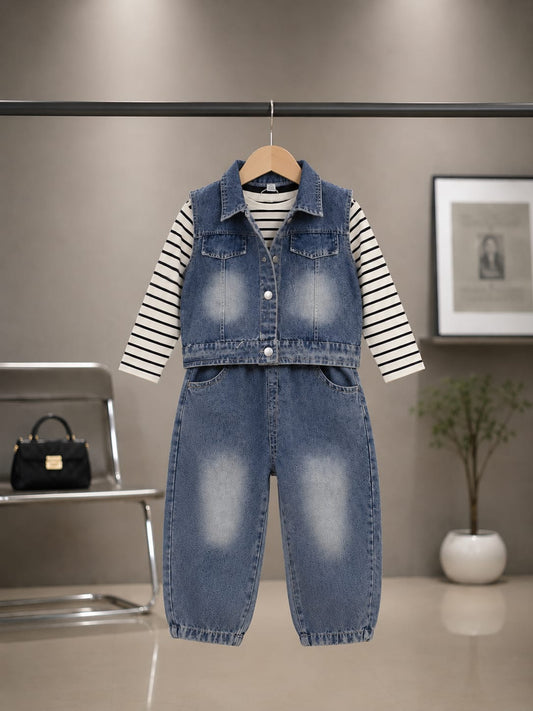 Girls 3-Piece Denim Co-Ord Set | Striped Full Sleeve Top, Denim Jacket & Jogger Jeans | Size 18–26
