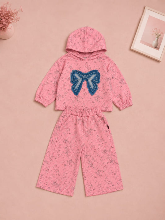 Girls Premium Pink Hoodie & Wide Leg Co-Ord Set | Bow Design | Size 18–26