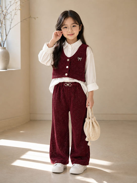 Girls Premium 3-Piece Waistcoat Co-Ord Set | Shirt, Waistcoat & Pants | Wine | Size 18–26