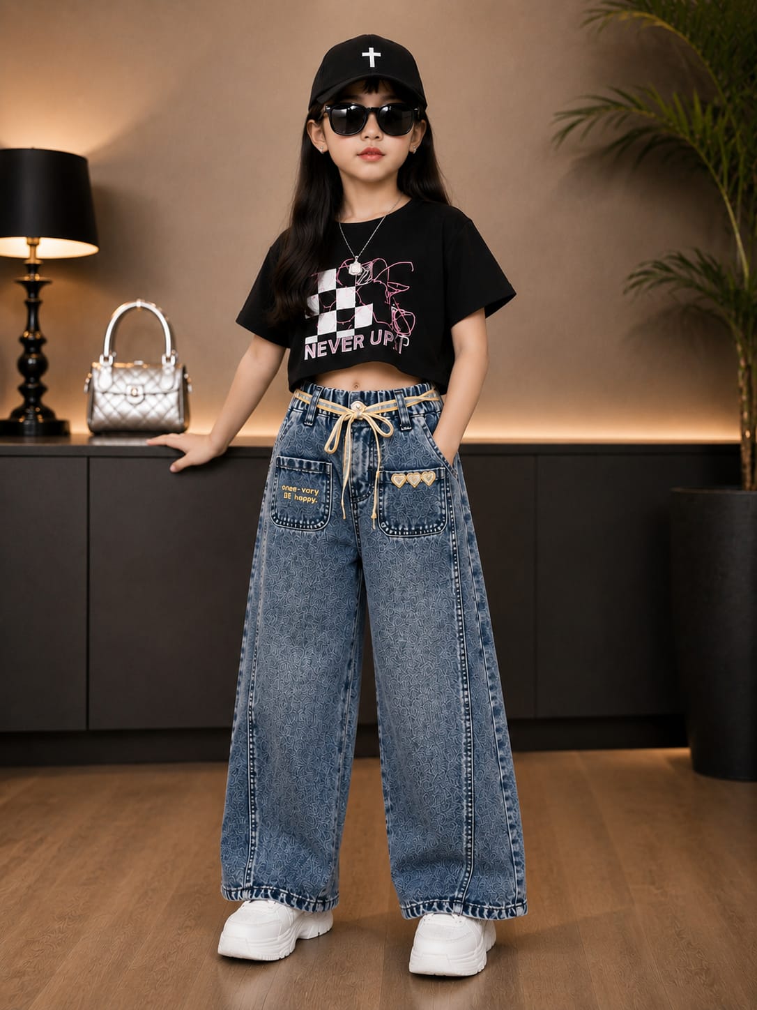 Girls Premium Wide Leg Denim Jeans with Rope Belt | Blue | Size 26–36