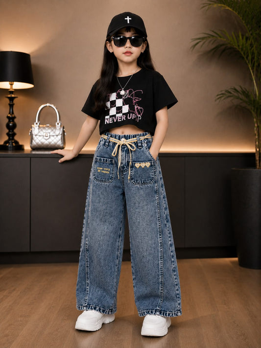 Girls Premium Wide Leg Denim Jeans with Rope Belt | Blue | Size 26–36