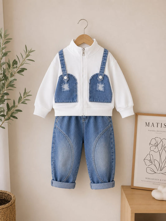 Boys Premium Denim Jogger Co-Ord Set | White Zip Jacket & Blue Denim Pants | Size 18–26