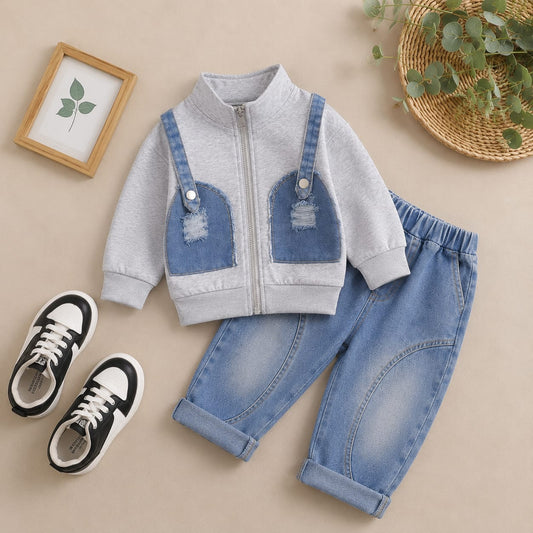 Boys Premium Denim Jogger Co-Ord Set | Grey Zip Jacket & Blue Denim Pants | Size 18–26