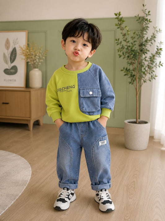 Boys Premium Denim Co-Ord Set | Lime Green Sweatshirt & Blue Denim Jogger | Size 18–26