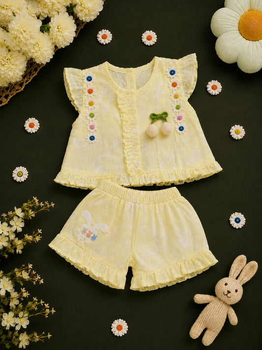 Baby Girls Yellow Floral Co-Ord Set | Ruffle Top & Shorts | 2-Piece Outfit | 3–12 Months