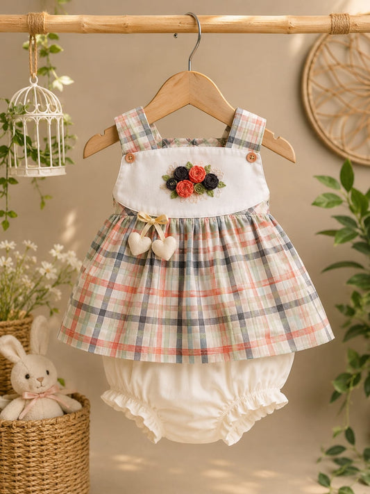 Baby Girls Checked Frock with Bloomers Set | Floral Appliqué Dress | 2-Piece Outfit | 3–9 Months
