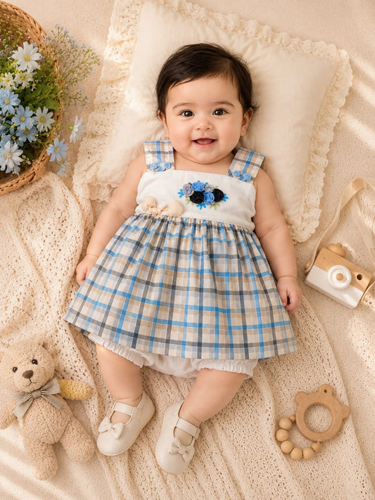 Baby Girls Blue Checked Frock with Bloomers Set | Floral Appliqué 2-Piece Outfit | 3–9 Months