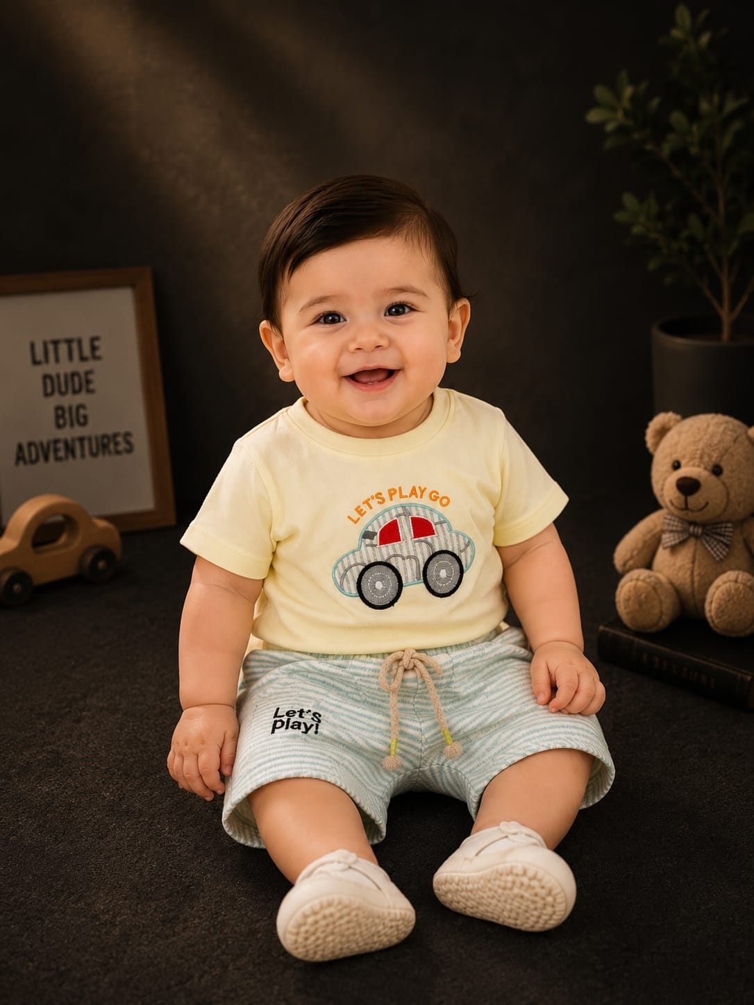 Baby Boys Car Print T-Shirt & Striped Shorts Set | Soft Cotton 2-Piece Outfit | 3–9 Months