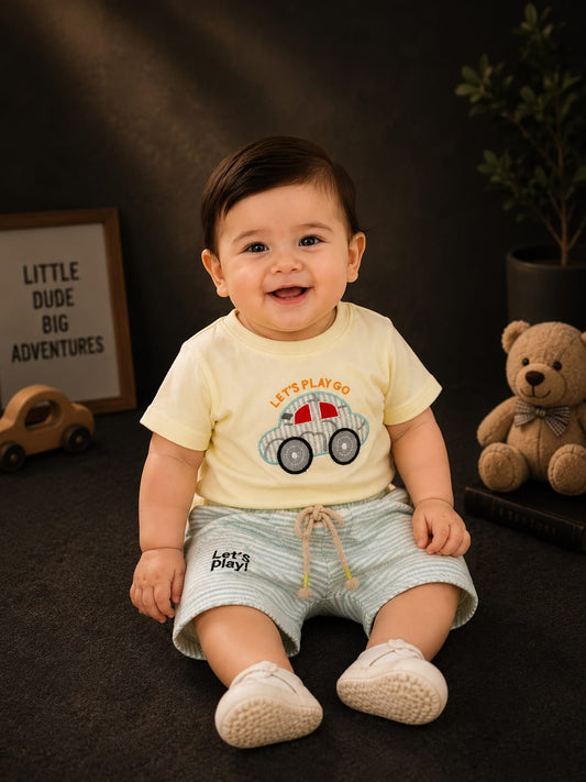 Baby Boys Car Print T-Shirt & Striped Shorts Set | Soft Cotton 2-Piece Outfit | 3–9 Months