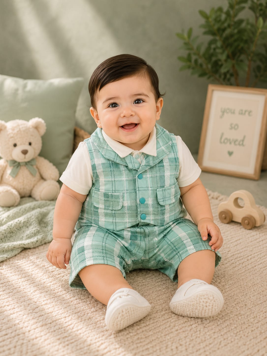 Baby Boys Checked Gentleman Romper with Bow Tie | Formal Party Wear Jumpsuit | 3–12 Months