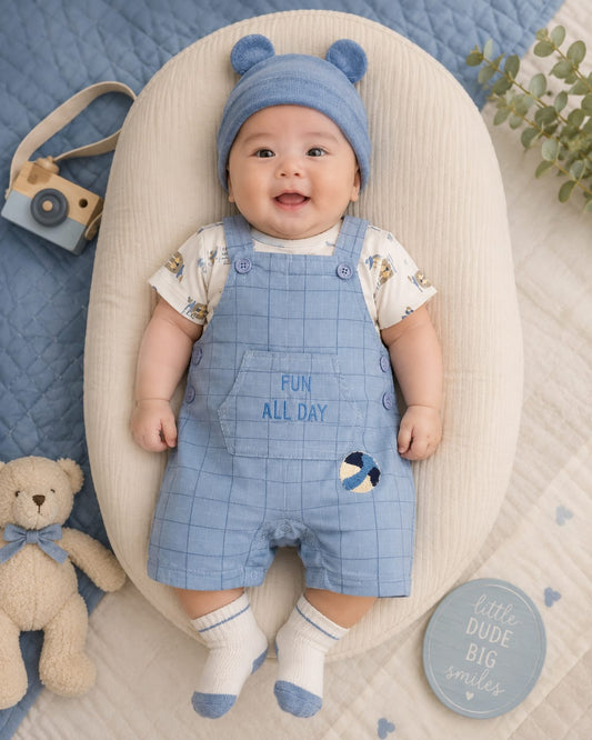 Baby Boys Dungaree Romper with Printed T-Shirt | 2-Piece Cotton Outfit | 3–12 Months