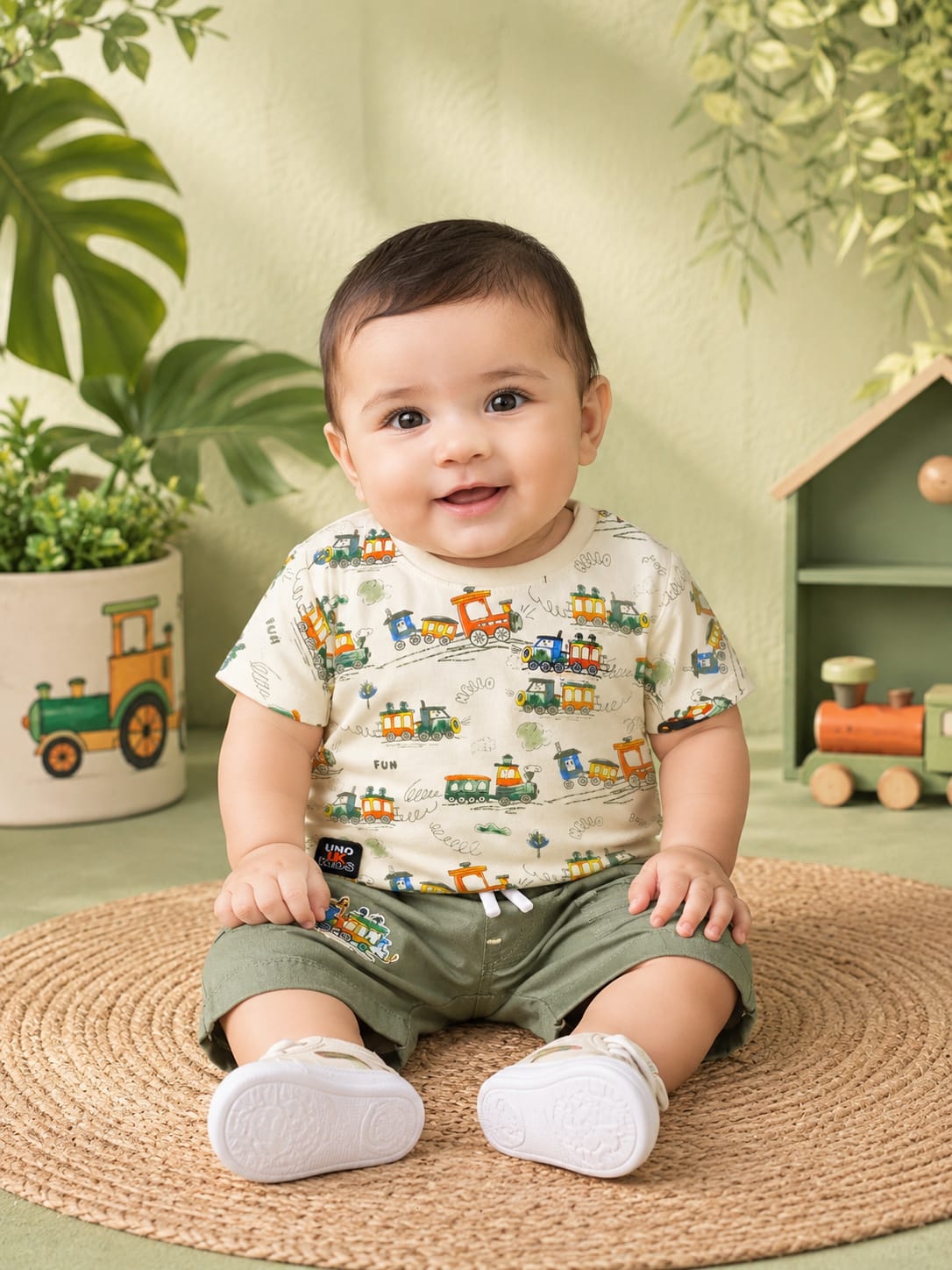 Baby Boys Train Print T-Shirt & Cargo Shorts Set | 2-Piece Summer Outfit | 3–6 Months