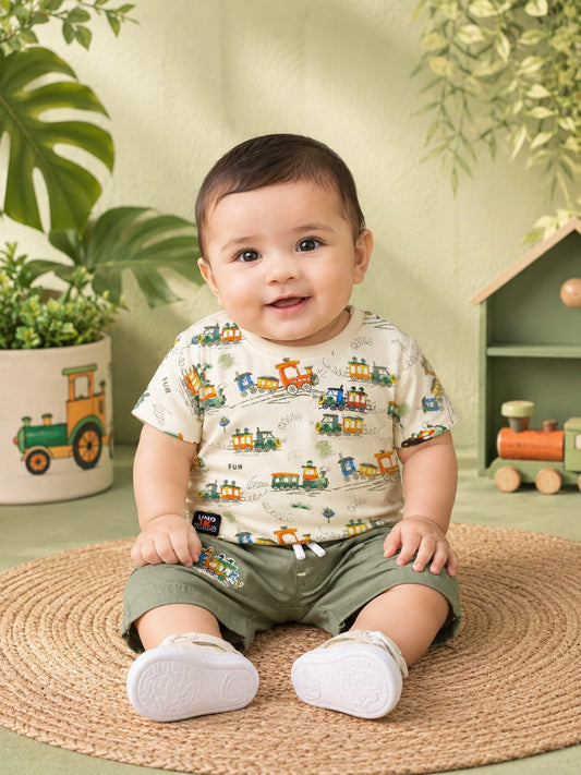 Baby Boys Train Print T-Shirt & Cargo Shorts Set | 2-Piece Summer Outfit | 3–6 Months
