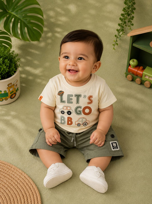 Baby Boys Let's Go Printed T-Shirt & Cargo Shorts Set | 2-Piece Summer Outfit | 3–12 Months