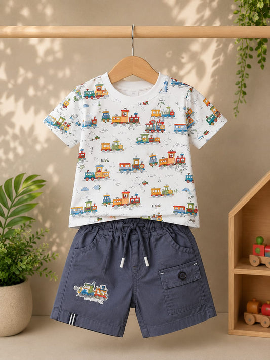 Baby Boys Train Print T-Shirt & Shorts Set | 2-Piece Summer Outfit | 6–12 Months