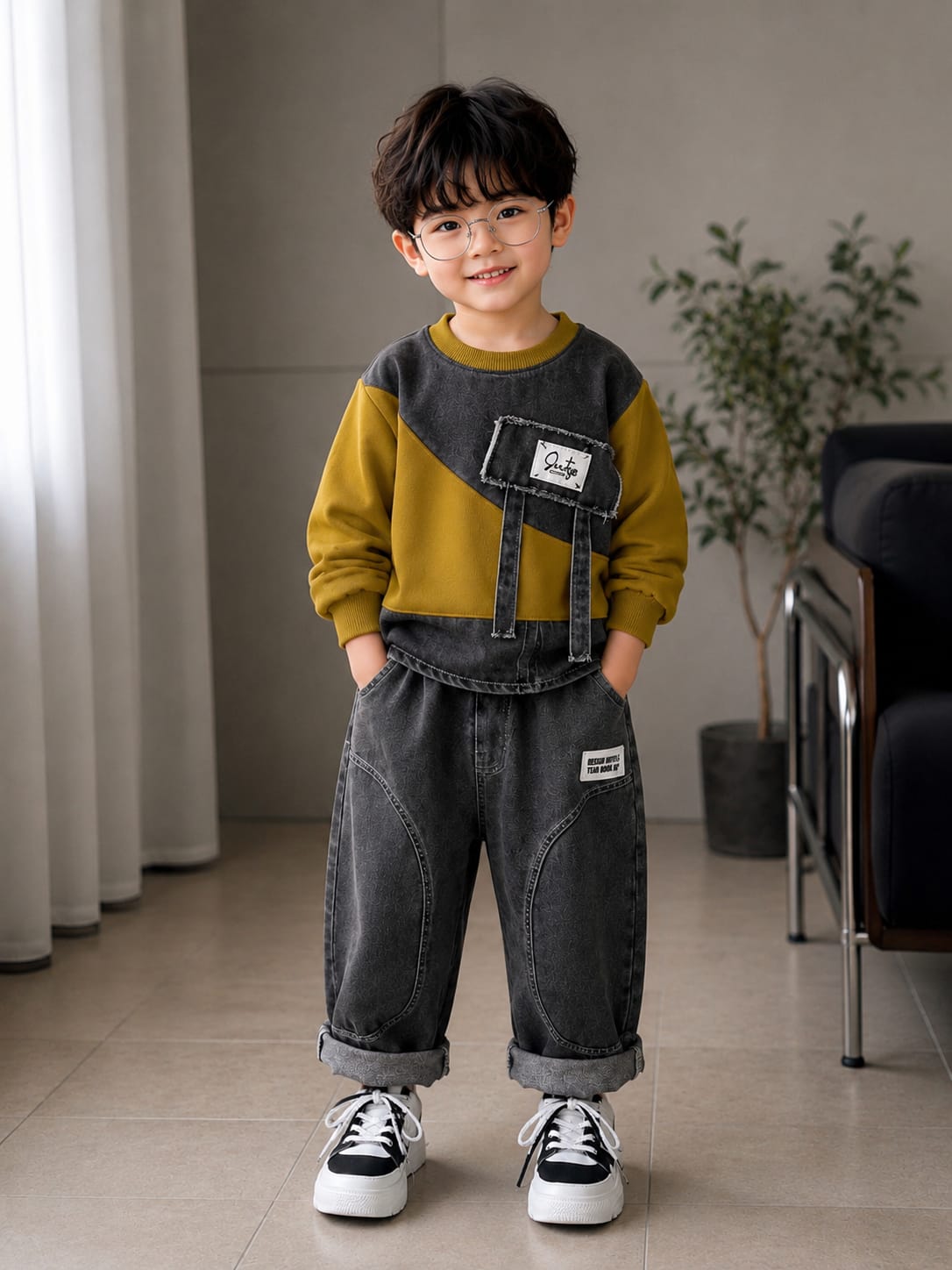 Boys Premium Olive & Grey Denim Co-Ord Set | Designer Sweatshirt & Denim Jogger | Size 18–26
