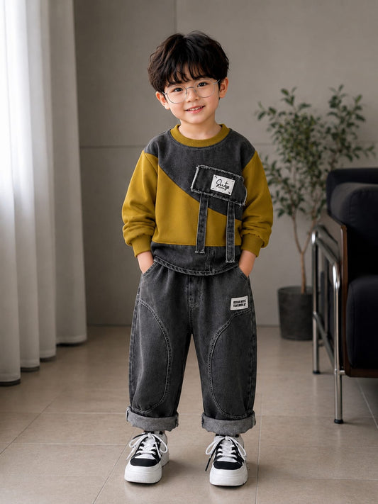 Boys Premium Olive & Grey Denim Co-Ord Set | Designer Sweatshirt & Denim Jogger | Size 18–26