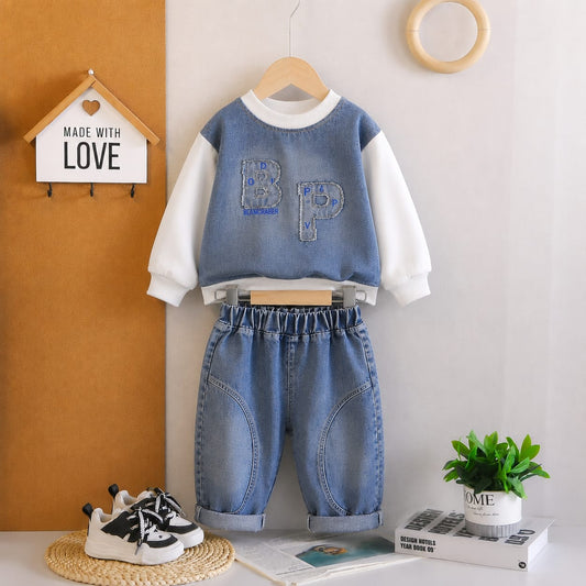 Boys Premium Blue Denim Co-Ord Set | Designer Sweatshirt & Denim Jogger | Size 18–26