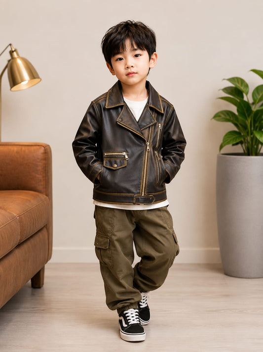 Kids Premium Black Faux Leather Jacket | Stylish Winter Jacket | Age 7–9 Years