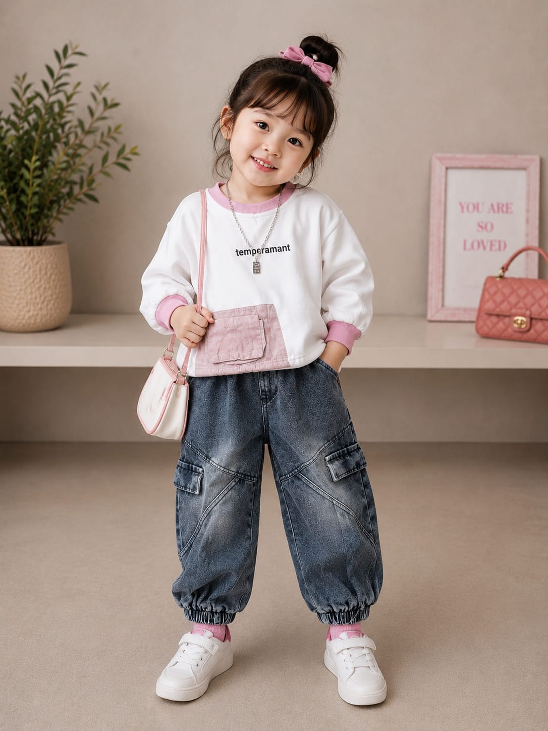 Girls Premium Sweatshirt & Denim Jogger Co-Ord Set | White & Pink Casual Outfit | Size 18–26