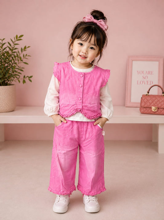 Girls Pink 3-Piece Co-Ord Set | Ruffle Vest, Full Sleeve Top & Wide Leg Pants | Size 18–26