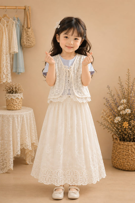 Girls Elegant Lace Top & Embroidered Long Skirt Co-Ord Set | Party Wear | 2–6 Years