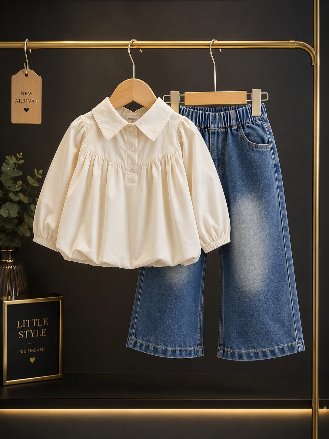 Girls White Puff Sleeve Top & Wide Leg Denim Jeans Co-Ord Set | Casual Wear | 2–6 Years