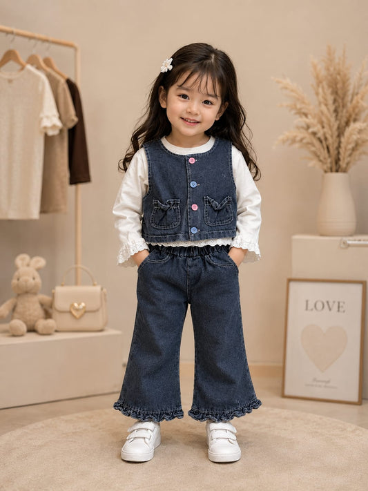 Girls Denim 3-Piece Co-Ord Set | White Lace Top, Denim Vest & Frill Hem Pants | Size 18–26