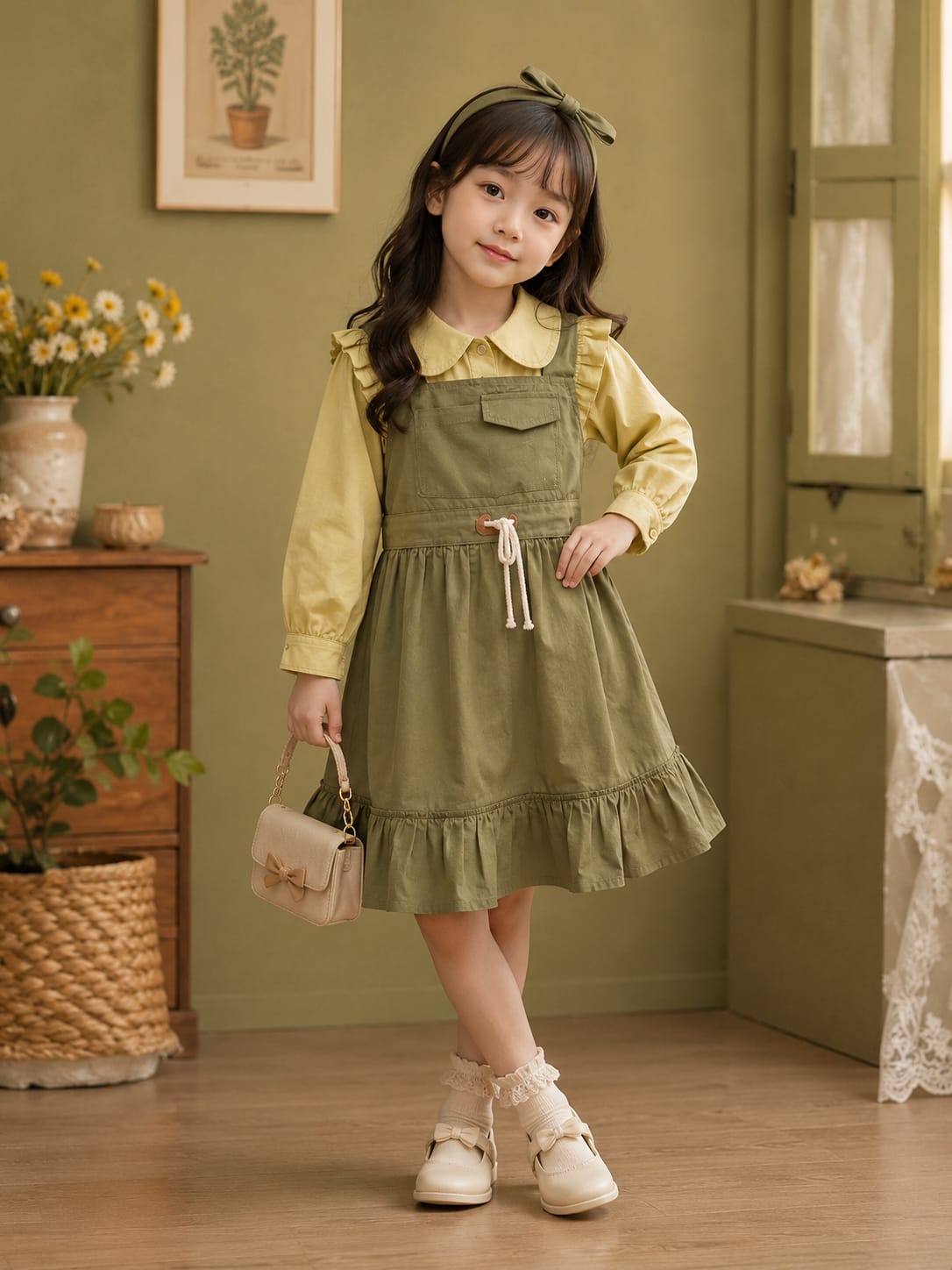 Girls Premium Pinafore Dress with Full Sleeve Shirt | 2-Piece Casual & Party Wear Dress Set | Size 5–9 Years