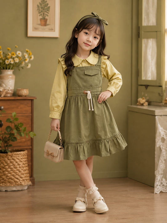 Girls Premium Pinafore Dress with Full Sleeve Shirt | 2-Piece Casual & Party Wear Dress Set | Size 5–9 Years