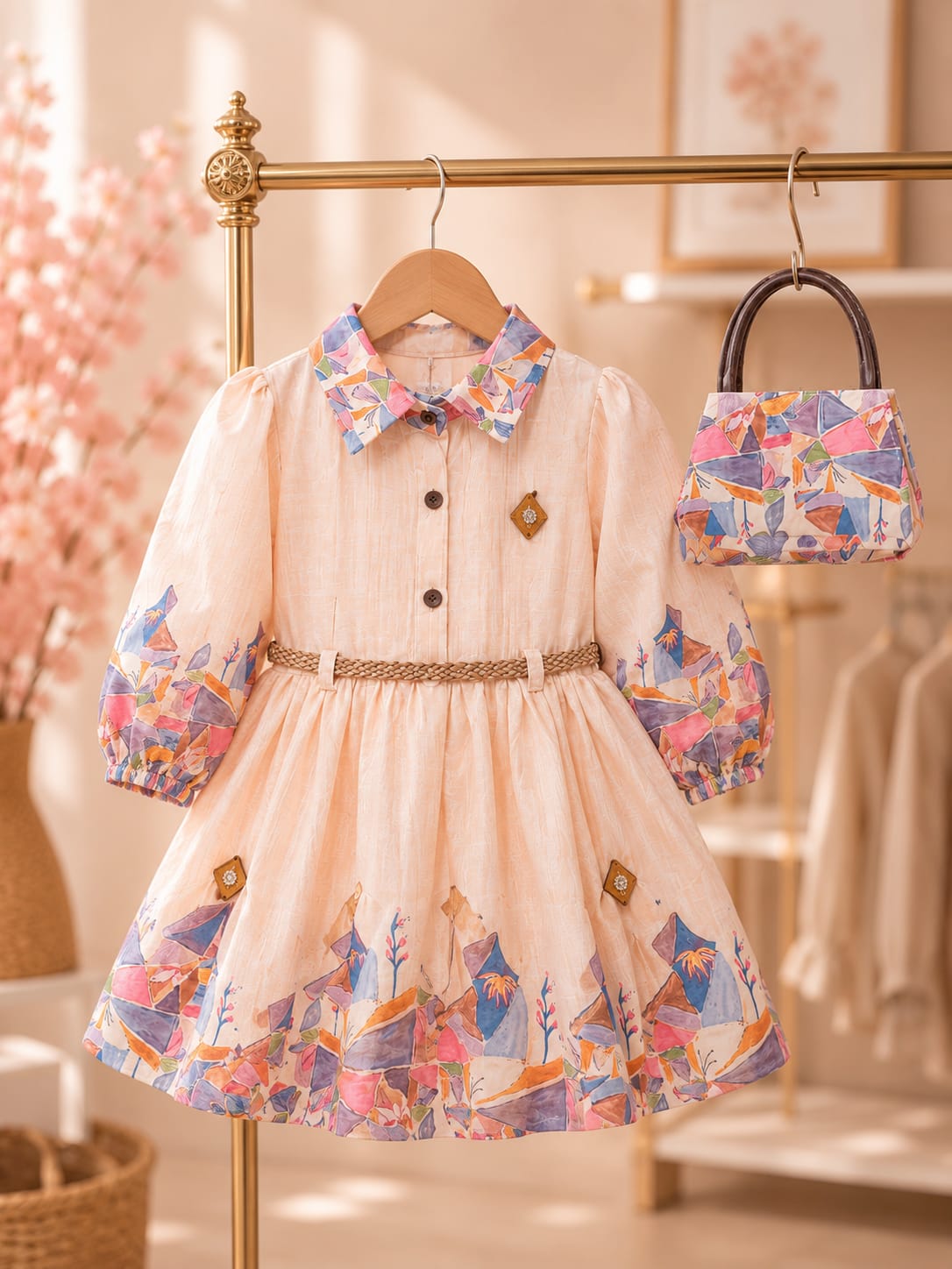 Girls Premium Printed Cotton Frock with Matching Handbag | Designer Party Wear Dress | Size 18–26