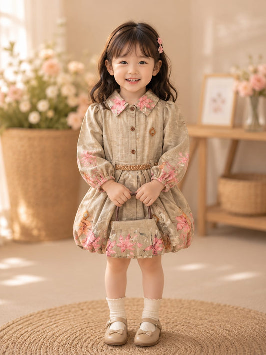 Girls Premium Floral Printed Cotton Frock with Matching Handbag | Designer Party Wear Dress | Size 18–26