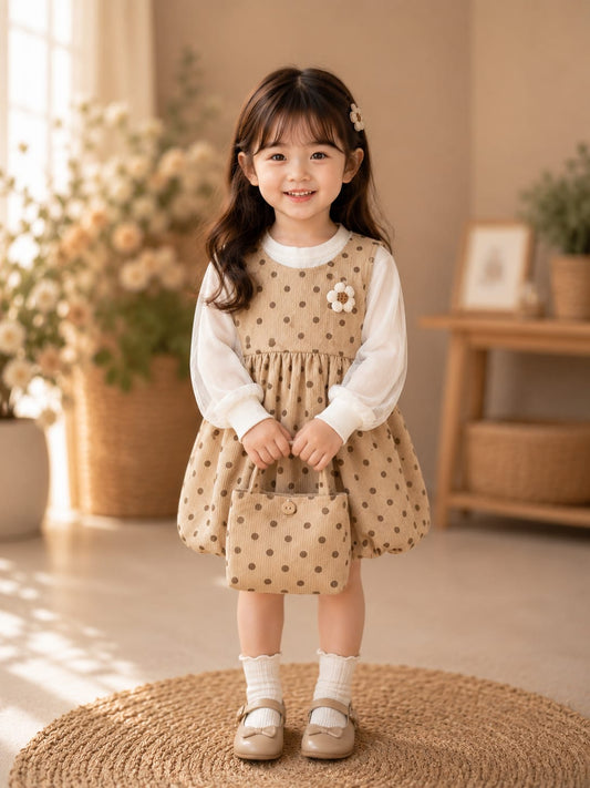 Girls Premium Polka Dot Cotton Frock with Matching Sling Bag | Designer Party Wear Dress | Size 18–26
