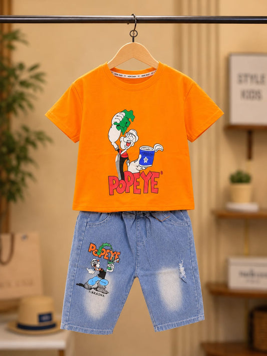 Boys Popeye Printed Cotton T-Shirt & Denim Shorts Co-Ord Set | Summer Casual Wear | 2 Pcs | 3–8 Years