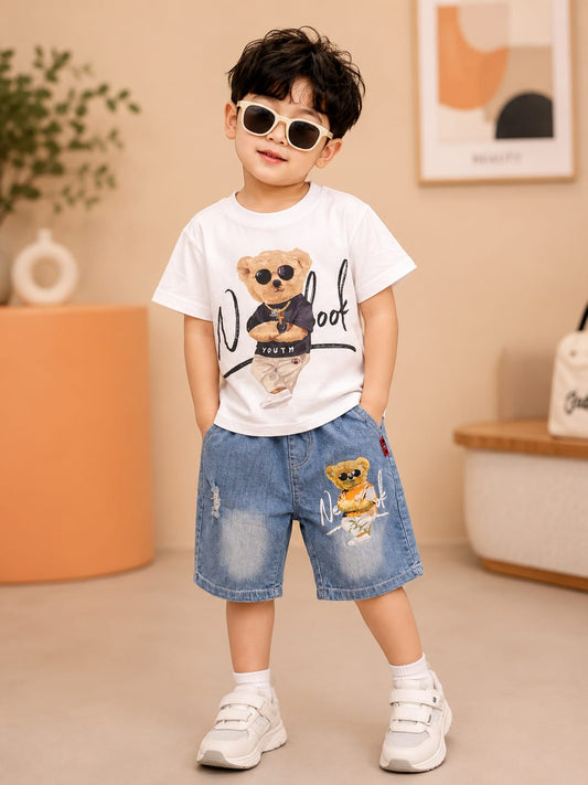 Boys Teddy Bear Printed Cotton T-Shirt & Denim Shorts Co-Ord Set | Summer Casual Wear | 2 Pcs | 3–8 Years