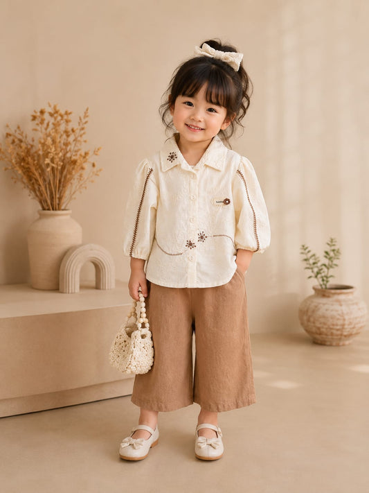 Girls Embroidered Cotton Shirt & Wide Leg Pants Co-Ord Set | Premium 2-Piece Outfit | Size 18–26
