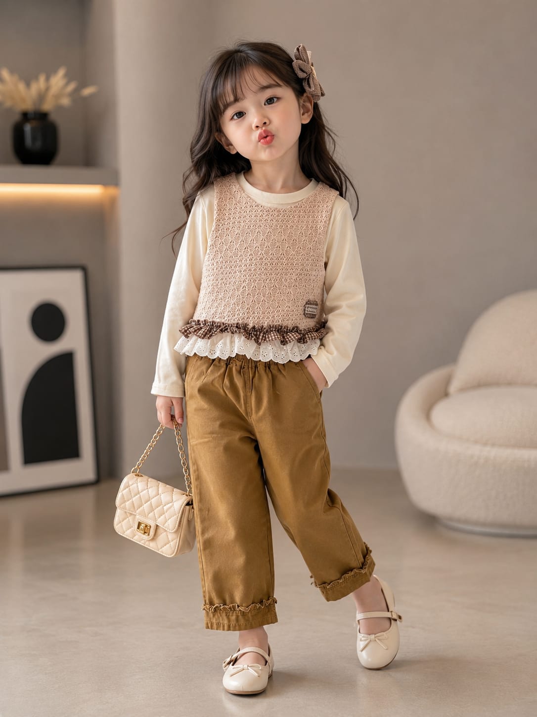 Girls 3-Piece Crochet Top, Full Sleeve T-Shirt & Pants Set | Premium Cotton Outfit | Size 18–26